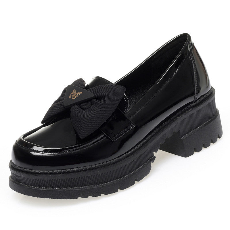 Women's Patent Bow Pumps Chunky Platform British Loafers