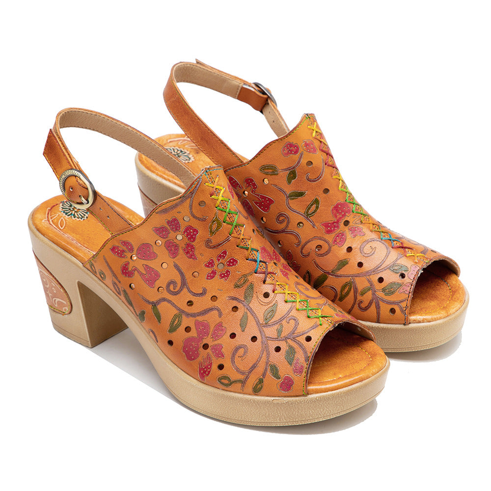 Color Printed Hollow Comfort Chunky Buckle Heels