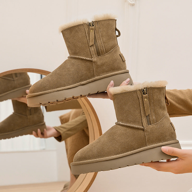 Women's Fur Integrated Zipper For Winter Fleece-lined Snow Boots