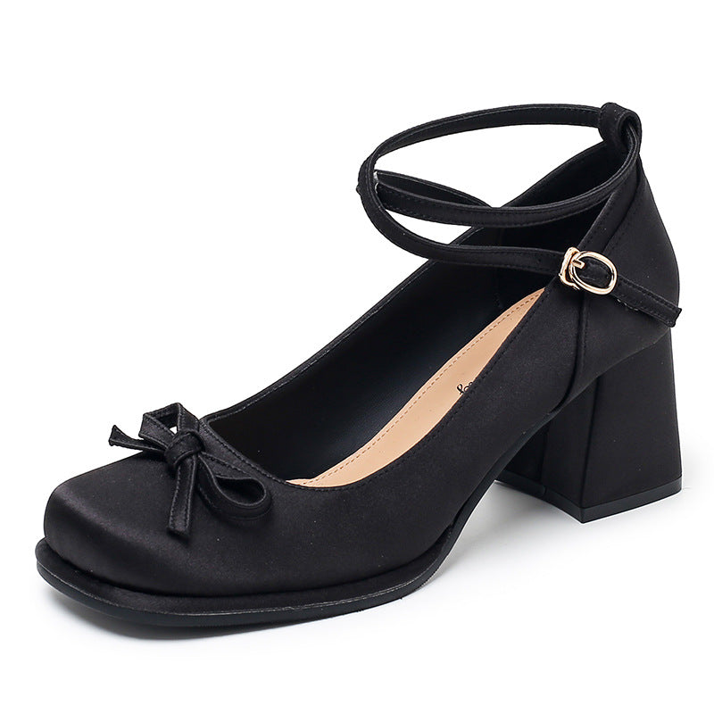Women's Ballet Satin Cream High Waterproof Platform Shallow Mouth Mid Gentle Heels