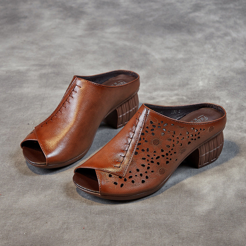 Women's Top Layer Cowhide Chunky Soft Bottom Heels