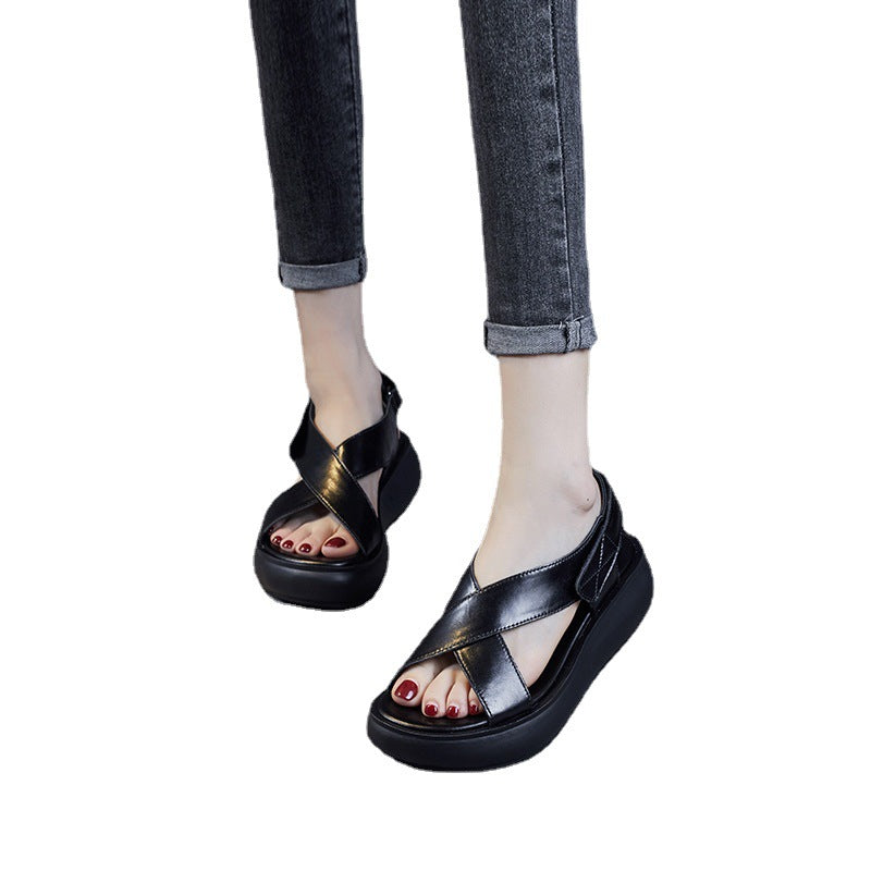 Bottom Platform First Layer Cowhide Mori Ethnic Sandals