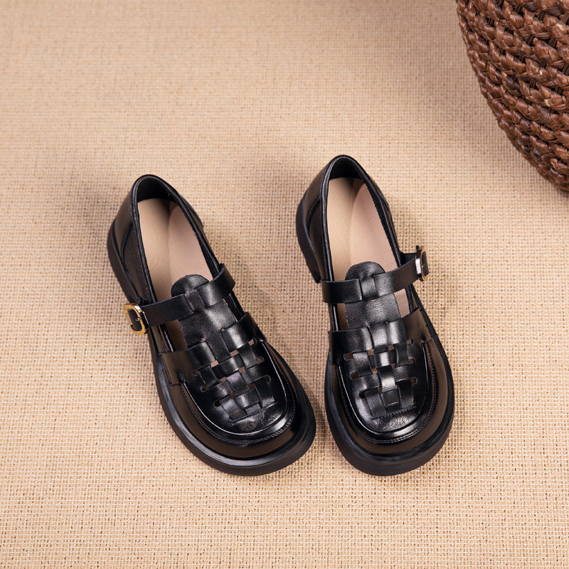 Women's Layer Cowhide Summer British Style Retro Beige Sandals