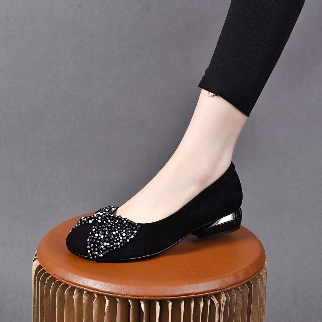 Women's Korean Style Bow Rhinestone Black Slip-on Shallow Mouth Pumps Round Women's Fashion Shoes