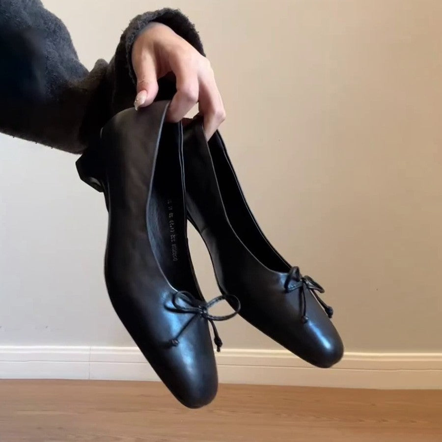 Cowhide Version Bow Chunky Square Toe Daily Women's Fashion Shoes