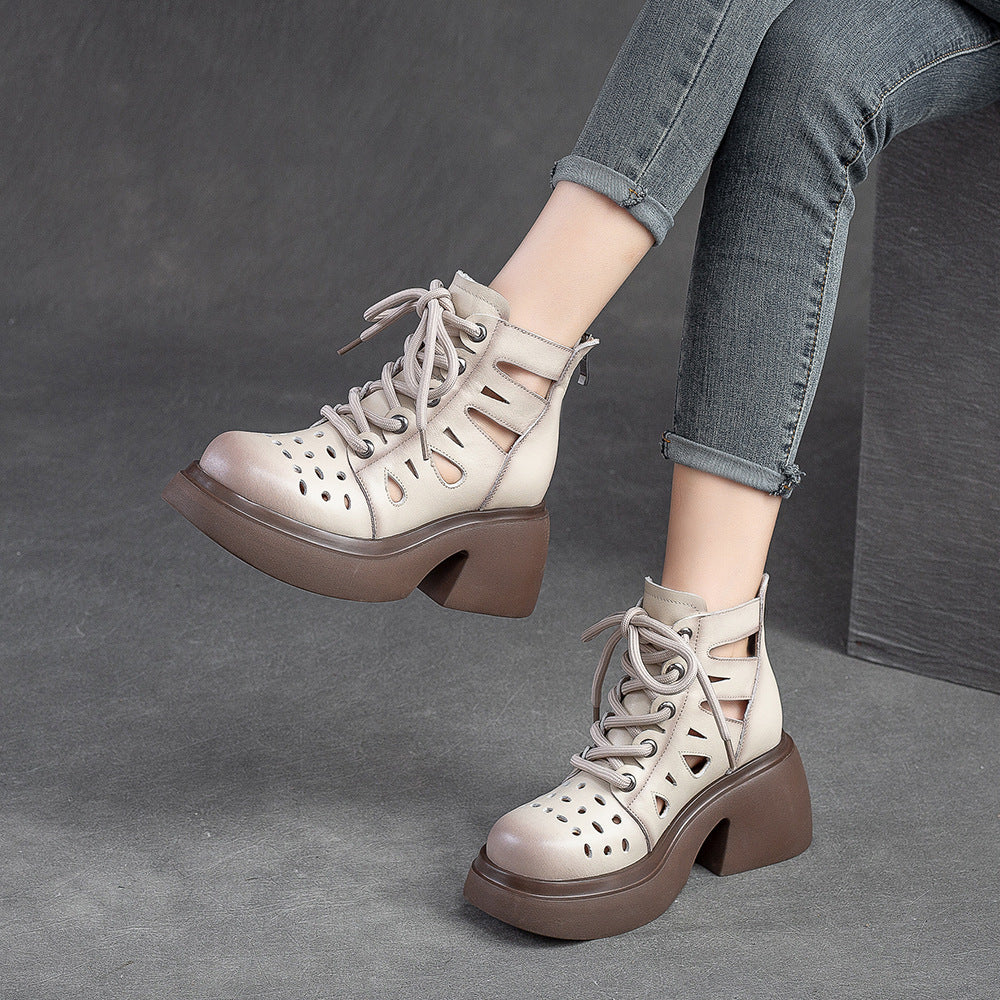 Women's Breathable Hole Front Top Layer Cowhide Heels