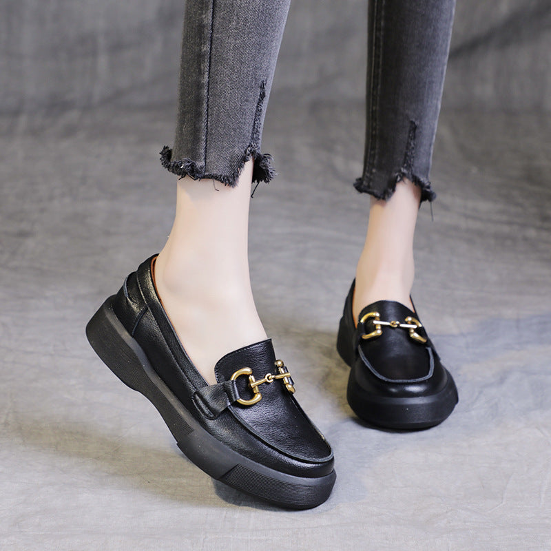 Women's Large Size Flat Bottom Pumps Rubber Soft Retro Leather Shoes