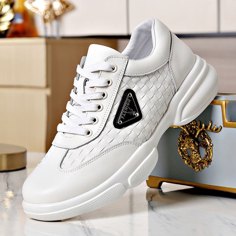 Men's Spring Woven Fashion White Breathable Lace Leather Shoes
