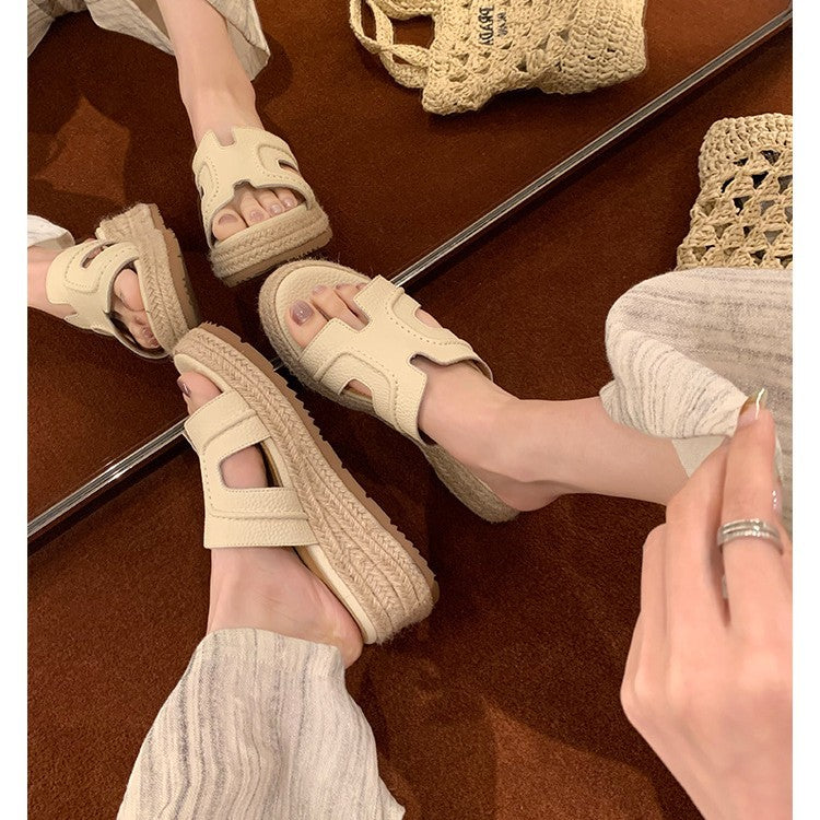 Women's Cowhide Version Rausch Straw Platform High Slippers