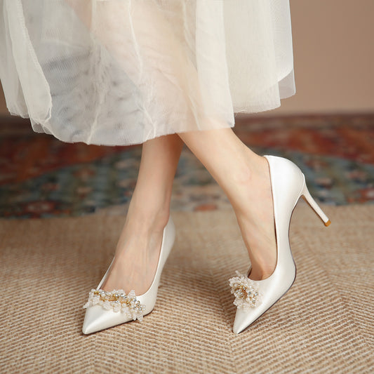Women's Spring Temperament Pointed Toe High Stiletto Pearl Flower Women's Shoes