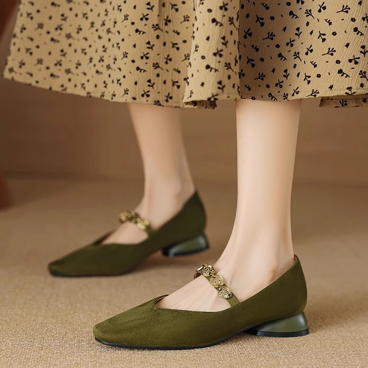 Women's Sheepskin French Square Head Gold Coin Mary Jane Women's Fashion Shoes