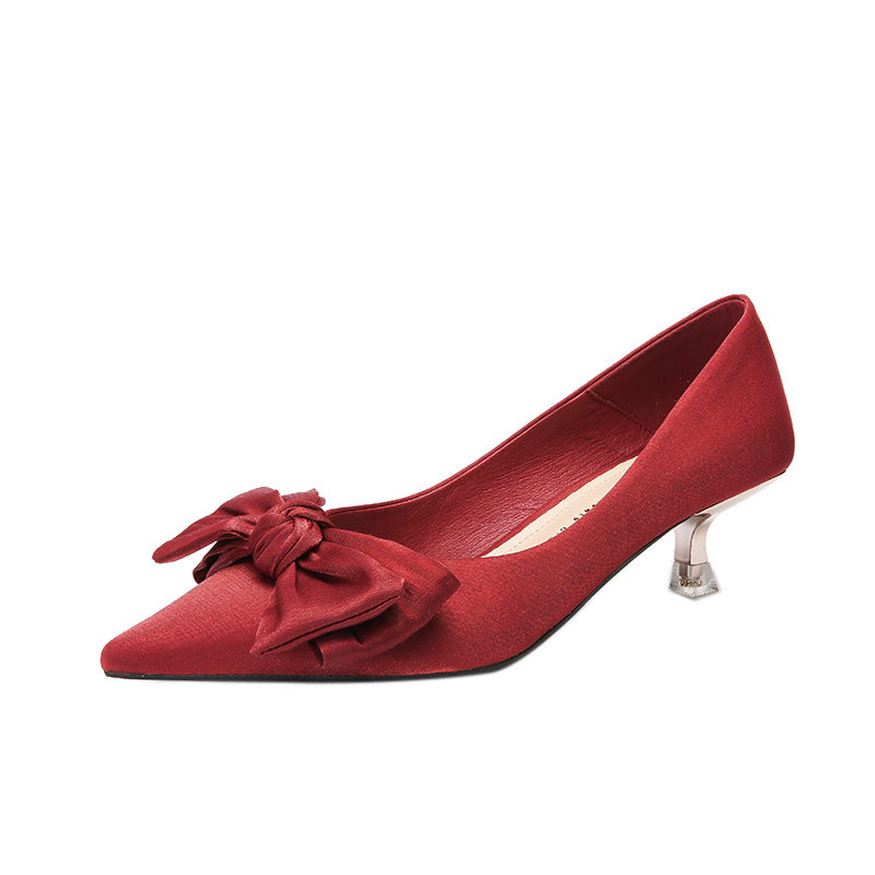 Women's Satin Bow High Pointed Toe Stiletto Mid Wedding Heels