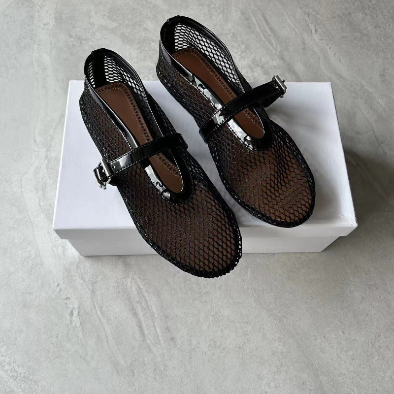 Mesh Buckle Ballet Round Toe Flat Sneakers