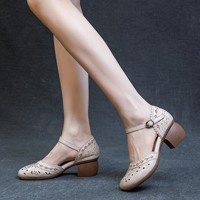 Women's Soft Bottom Top Layer Cowhide Chinese Heels