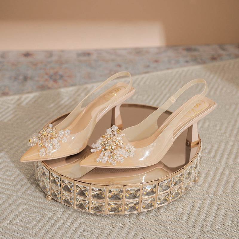 Women's French Transparent Hollow High Summer Rhinestone Heels