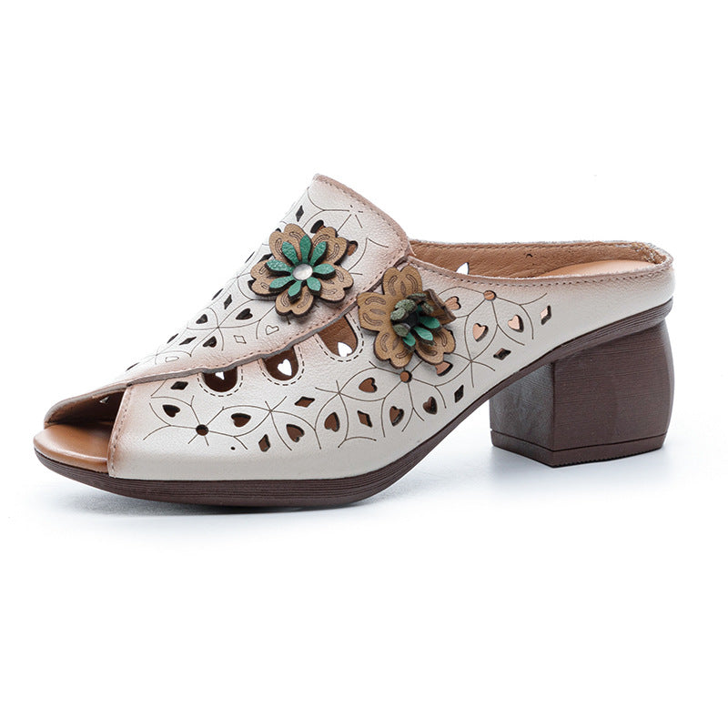 Women's Chunky Top Layer Cowhide Ethnic Style Heels