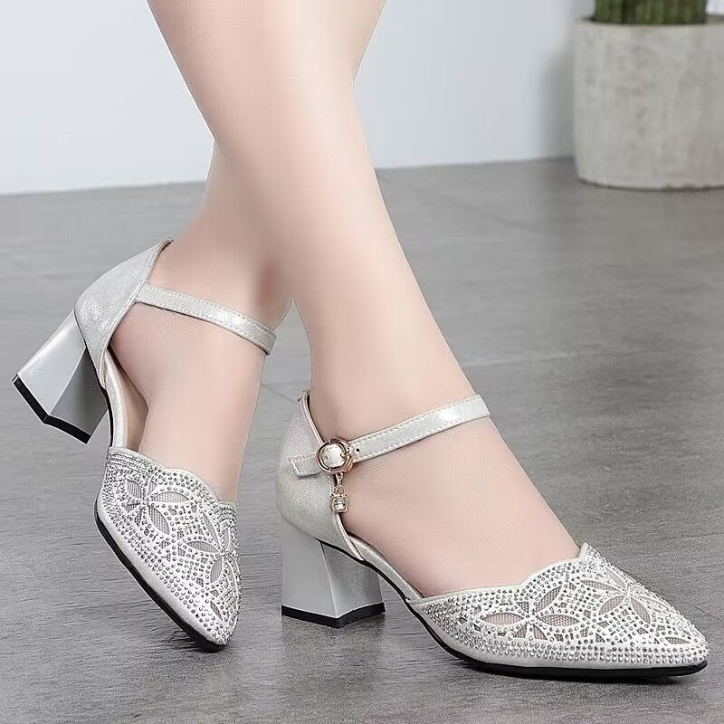 Women's Summer Mesh Thick Toe Box Hollow Heels