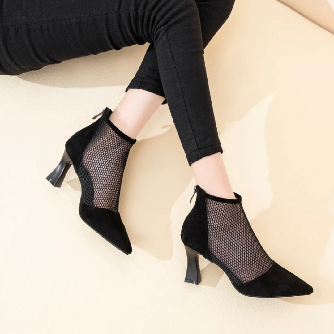 Women's Genuine Mesh Hollowed Roman Chunky Ankle Heels