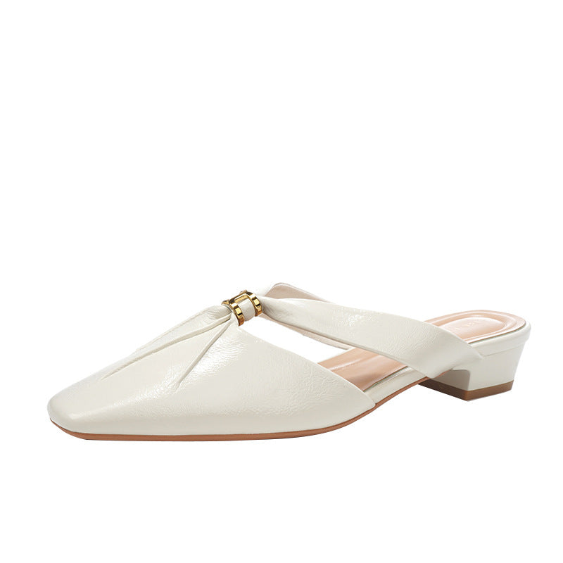 Women's Toe Textured Lambskin Pleated Closed Chunky Half Heels
