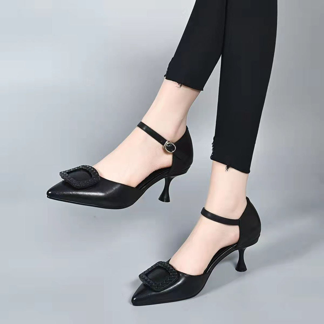 Women's Closed Toe Buckle Low Summer Genuine Heels
