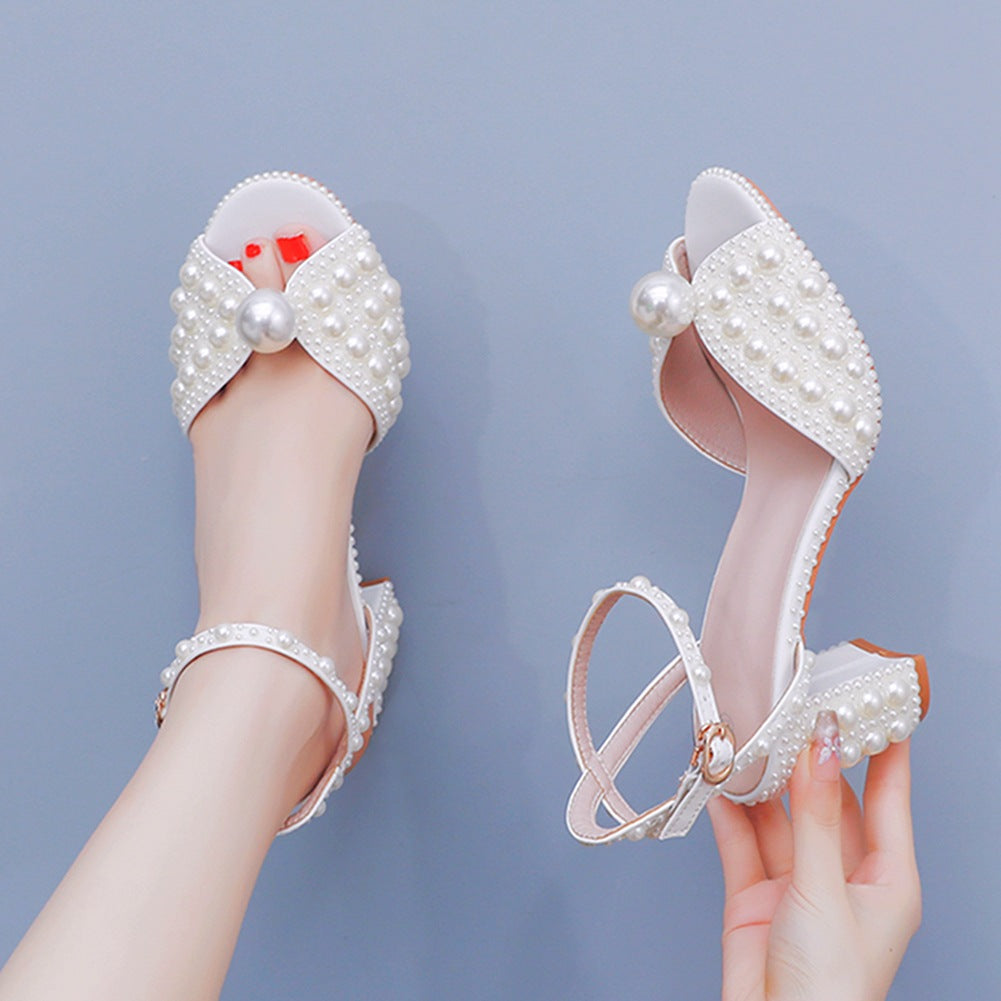 Women's Peep Toe Square Root White Bridal Heels