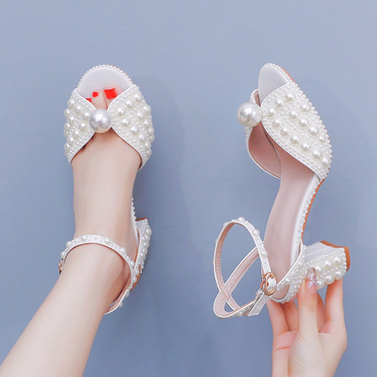 Women's Peep Toe Square Root White Bridal Heels