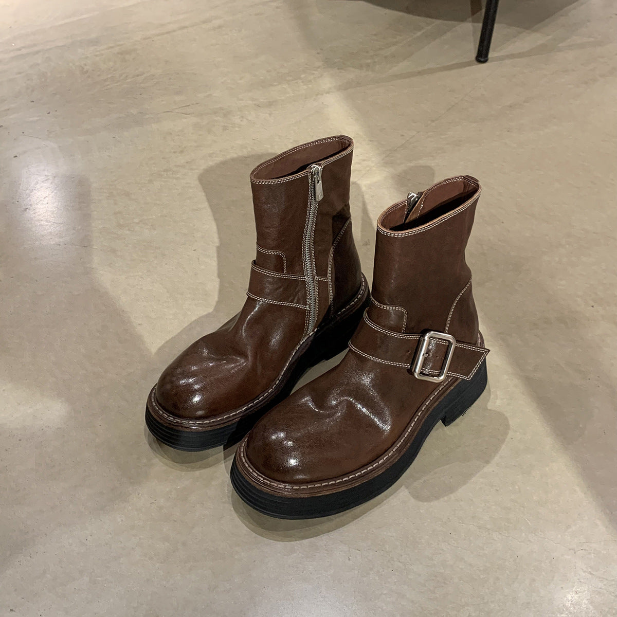 Women's Washed Horse Round Head Chunky Motorcycle Boots