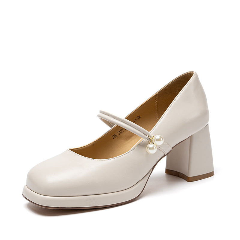 Women's Mary Jane Chunky Pumps Pearl French Retro High With Casual Shoes