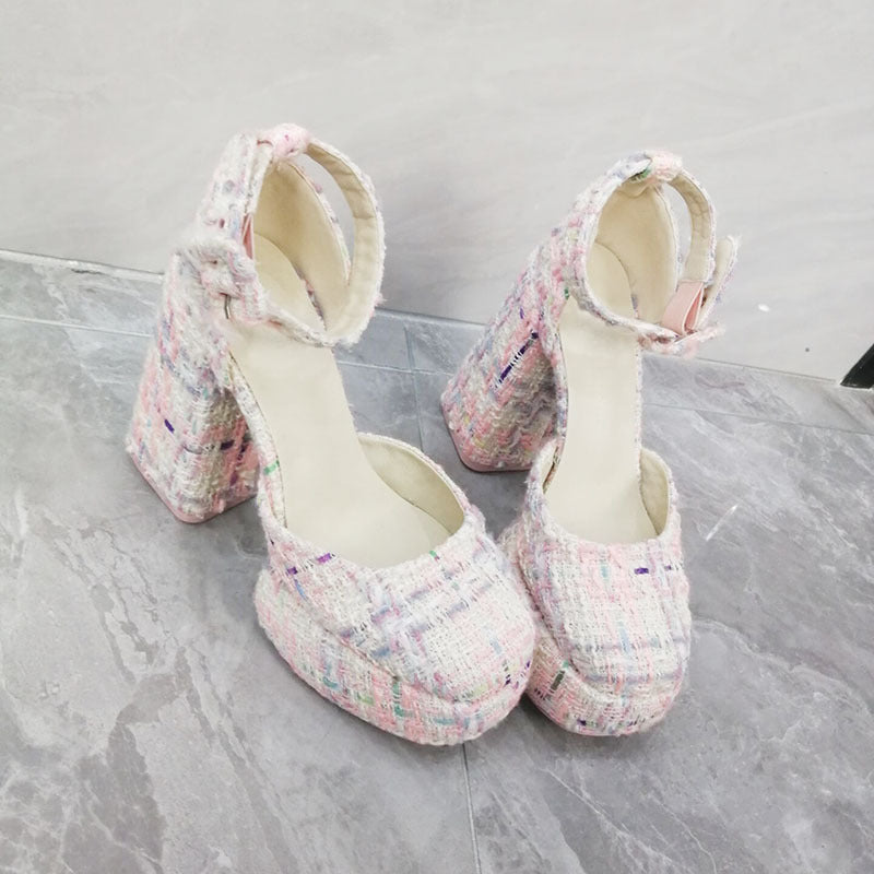 Women's Waterproof Platform Thick Hollow Closed Strap Heels