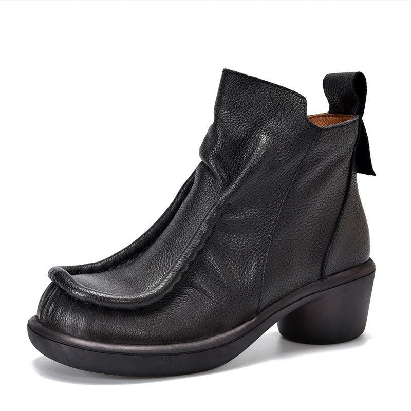 Women's Promotion Price Ladies Genuine Retro Chunky Leather Shoes