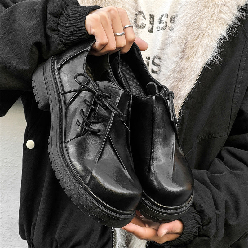 Women's & Men's Height Increasing Black Platform Warped Head Commuter Trendy British Leather Shoes