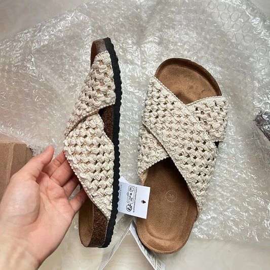 Women's Cowhide Version Cross Strap Knitted Outdoor Slippers