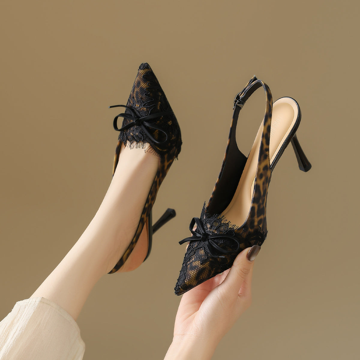 Women's Print Lace High-heeled Pointed Toe Slingback Stiletto Women's Fashion Shoes