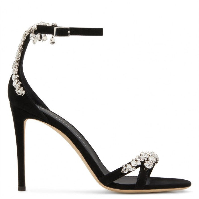 Women's Open Toe Rhinestone Buckle Hollowed Matte Black Heels