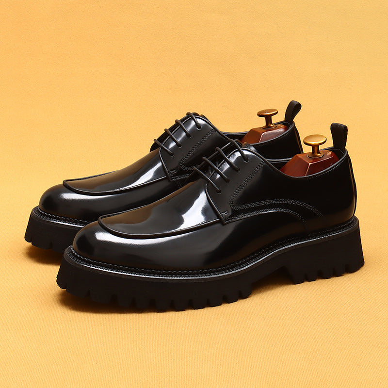 Men's Thick-soled Round Toe Bright Genuine Elevator Men's Business Leather Shoes