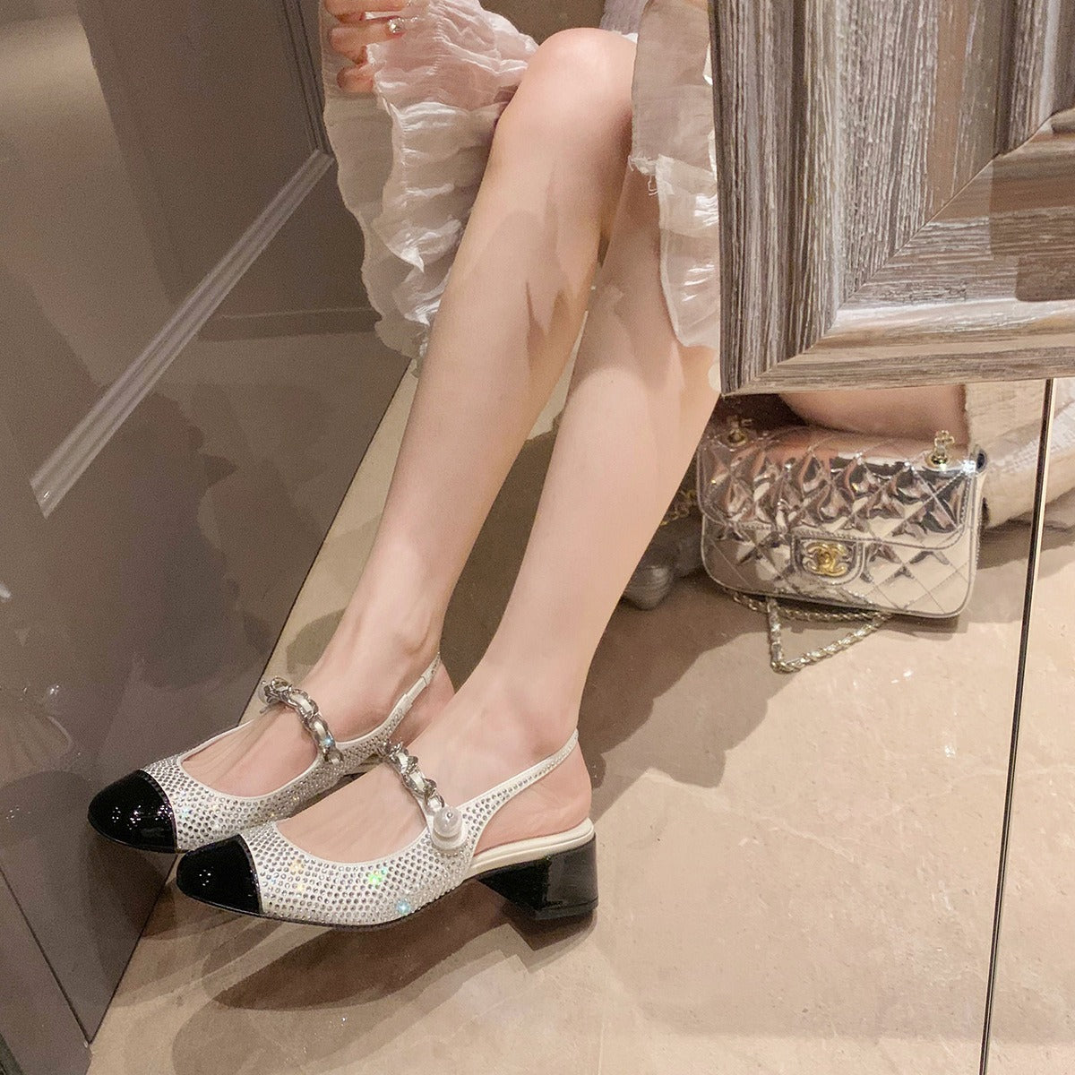 Rhinestones Rear Empty Round Head Chunky Height Increasing Skinny Heels