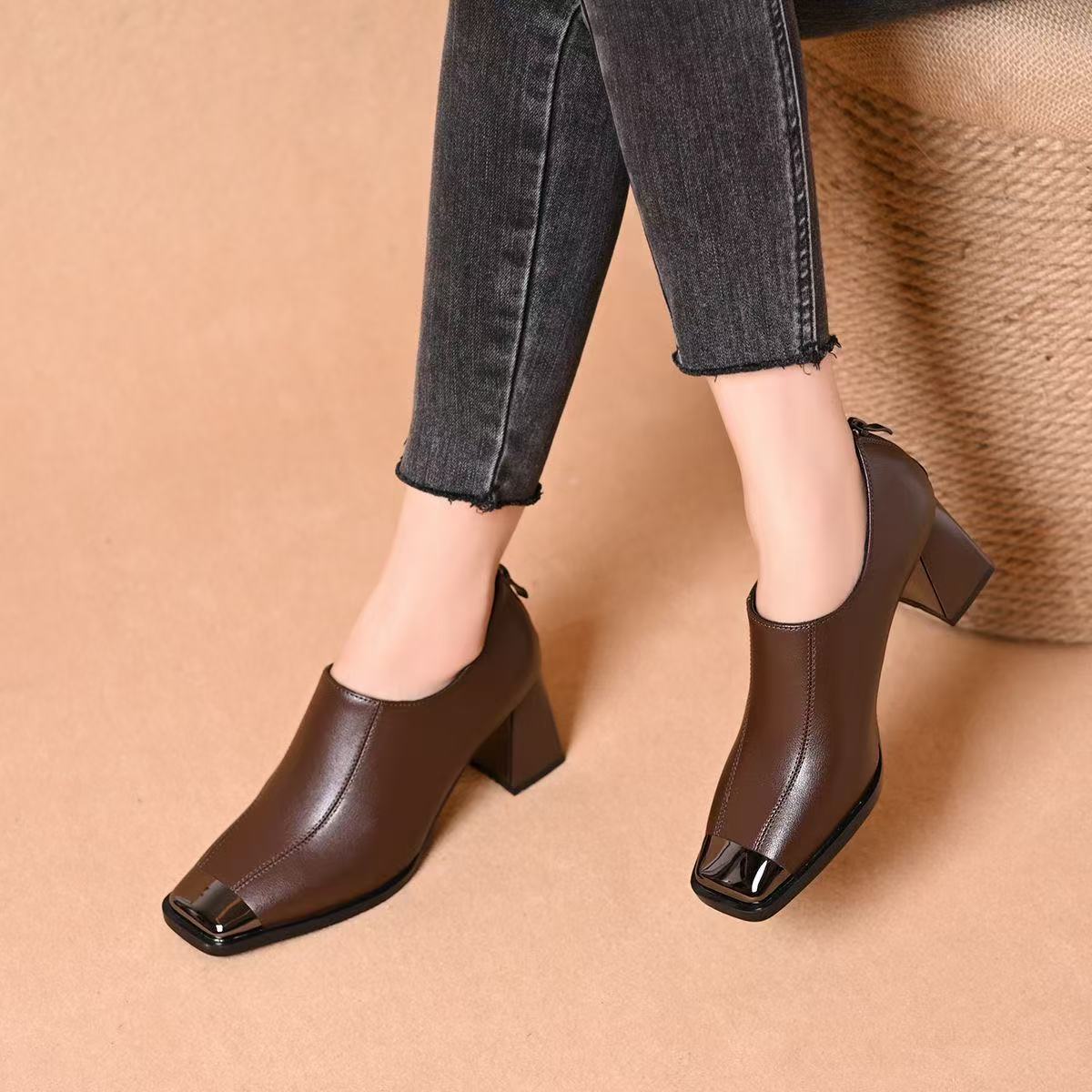 Women's French Style Square Toe Retro High Deep Mouth Pumps Women's Fashion Shoes