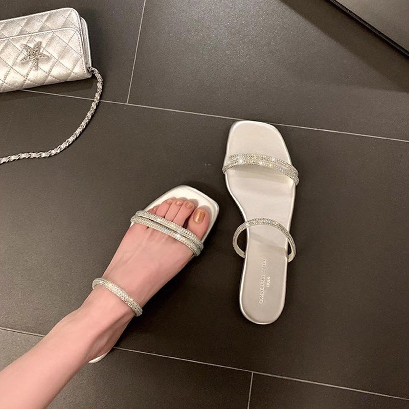 Women's Sier Broken Flash Square Toe Rhinestone Flat Sandals