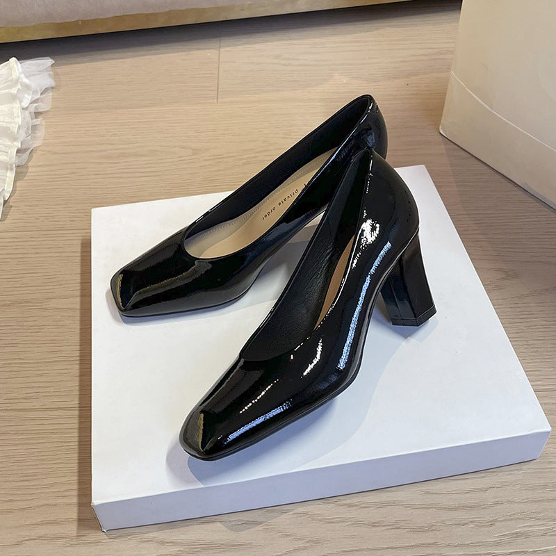 Women's Style Temperament Beautiful High Square Toe Chunky Commuter Simple Patent Women's Fashion Shoes