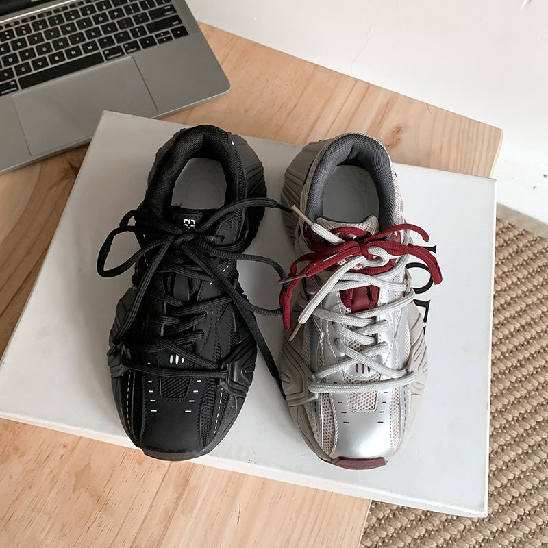 Fashionable Double Shoelace Mesh Stitching Thick Sneakers