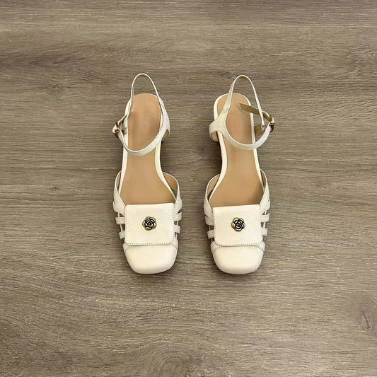 Women's Toe Chunky Closed Summer Sheepskin Soft Heels
