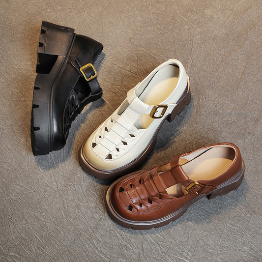 Women's Layer Cowhide Summer Hollow Retro Breathable Sandals