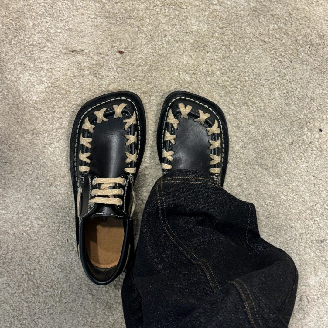 Women's & Men's Woven Design British Style Square Toe Men's Casual Leather Shoes