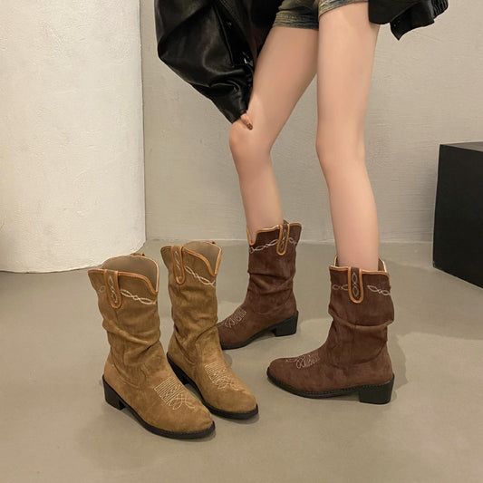 Women's Summer Pile Style Embroidered Pointed Toe Boots