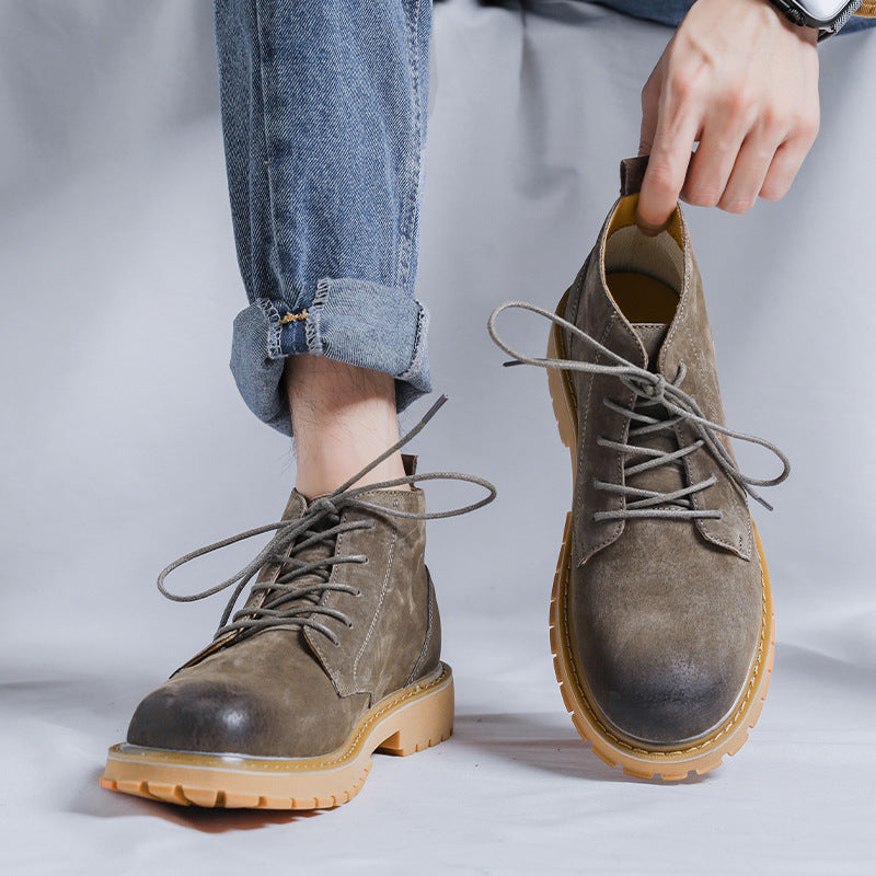 Men's Green Round Head Pigskin Thick Bottom Fashion Boots