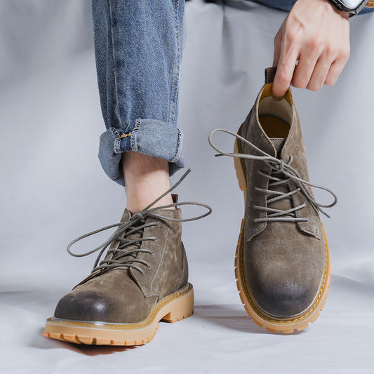Men's Green Round Head Pigskin Thick Bottom Fashion Boots