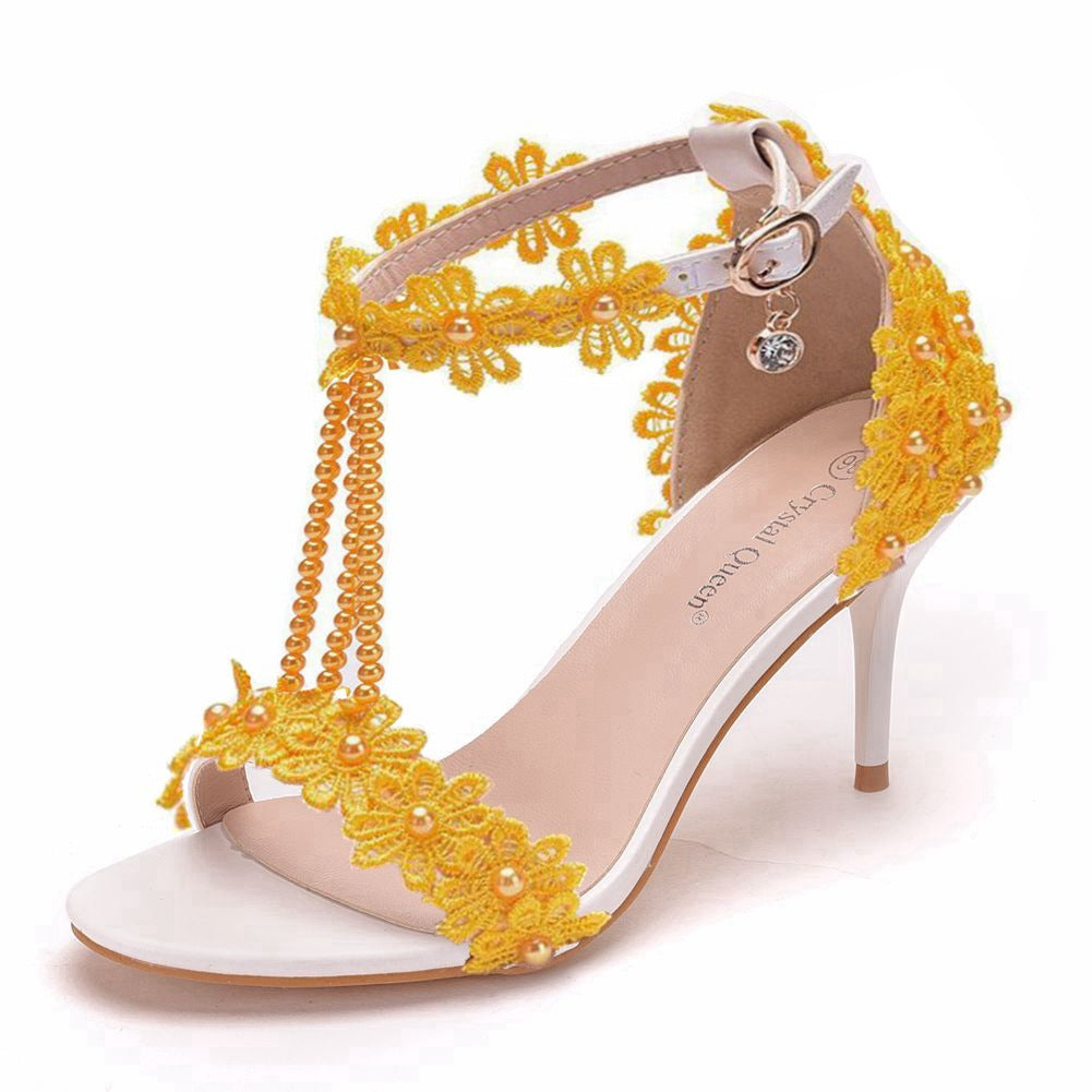 Strap Stiletto Beaded White Lace Flower Heels