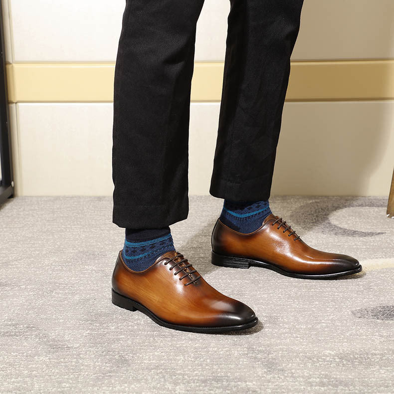 Men's High-grade Cowhide Gray Brown One Piece Handmade Wedding Banquet Leather Shoes