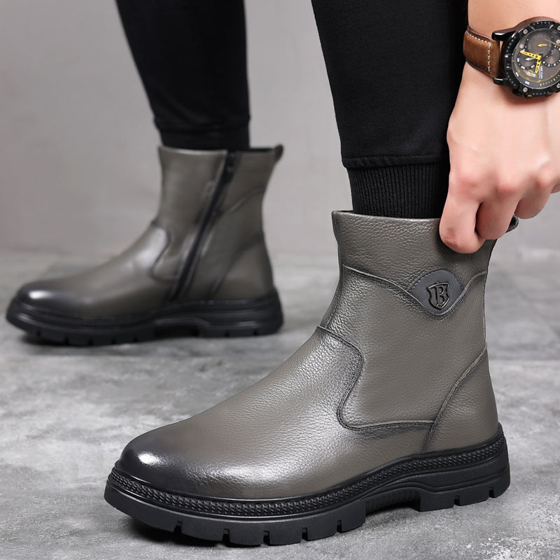 Men's Layer Cowhide Cotton Wool Fleece-lined Warm Boots