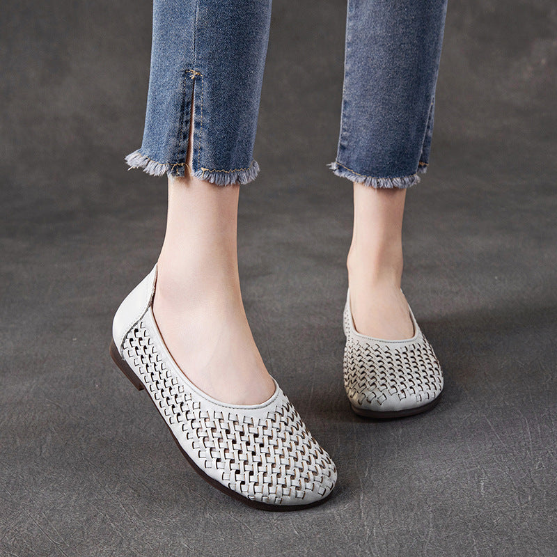 Women's First Layer Cowhide Mother Summer Hollow Hole Genuine Flat Sandals